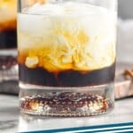 Pinterest image for White Russian cocktail. Image shows glass of white russian drink. Text says "white russian simplejoy.com"