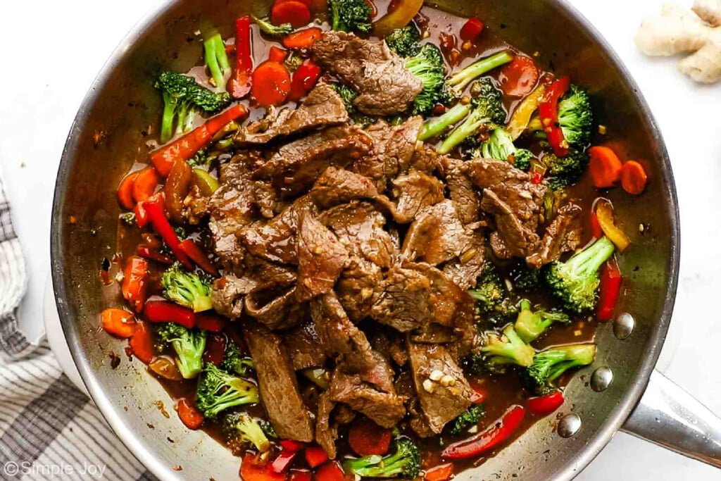 overhead of beef returned to skillet for beef stir fry