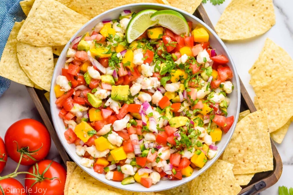 overhead view of bowl of shrimp ceviche surrounded by tortilla chips and fresh tomatoes.