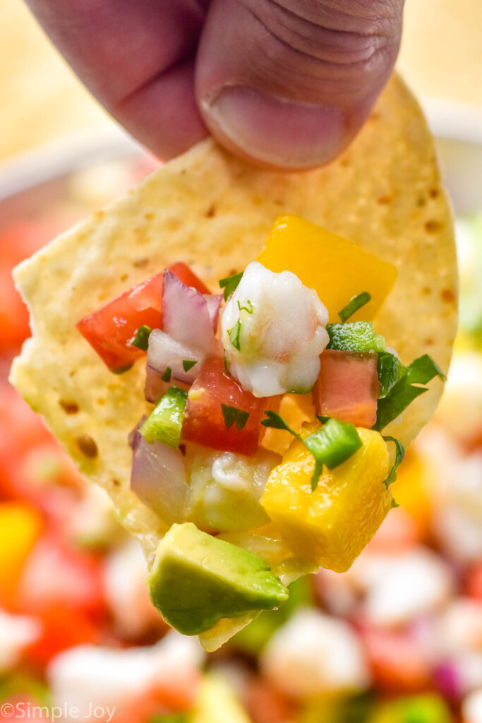 man's hand holding a chip with shrimp ceviche