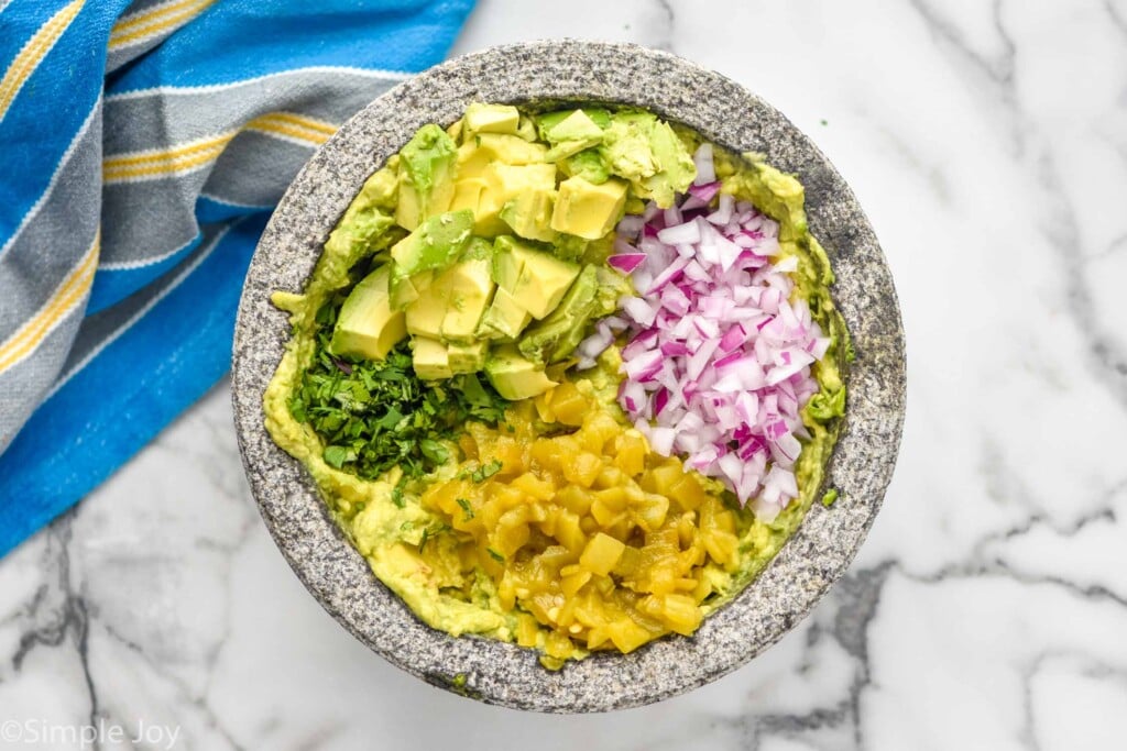 Overhead photo of a bowl of ingredients for Easy Guacamole Recipe