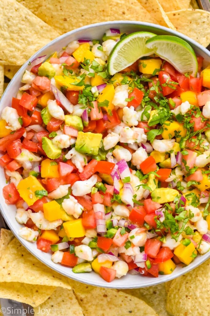 overhead view of Shrimp Ceviche surrounded by tortilla chips