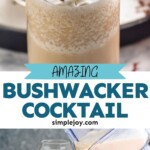 Pinterest graphic for Bushwacker recipe. Top image is close up photo of the top of a Bushwacker cocktail. Bottom image shows blender of Bushwacker cocktail being poured into glasses. Text says, "amazing Bushwacker cocktail simplejoy.com"