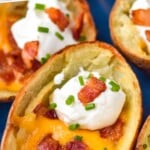 Pinterest graphic for Potato Skins recipe. Text says, "the best Potato Skins simplejoy.com." Image is close up photo of Potato Skins.