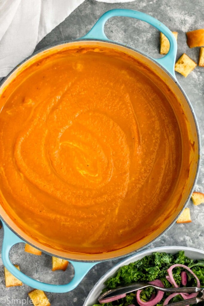 Overhead photo of a pot of Pumpkin Soup