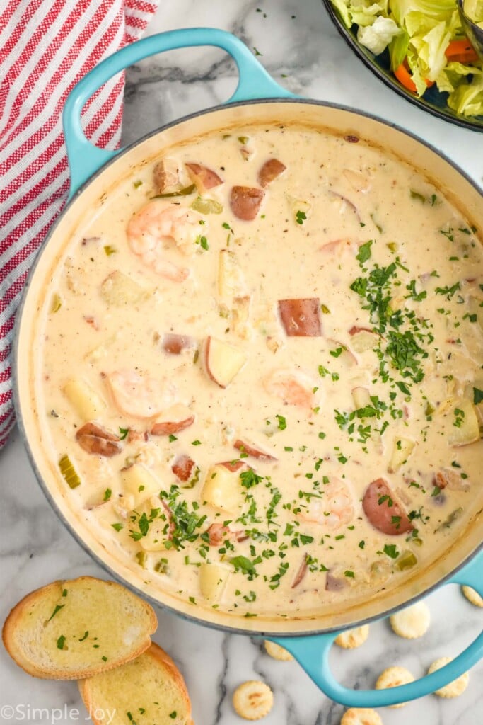 Overhead view of a pot of Seafood Chowder Recipe