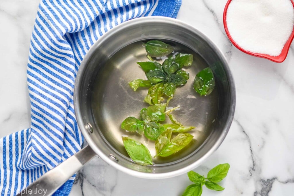 Overhead photo of a pot of ingredients for Simple Syrup recipe