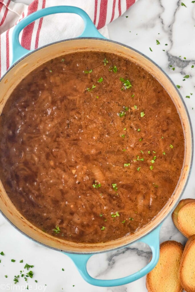 Overhead photo of a pot of French Onion Soup