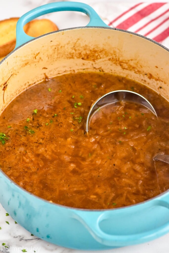 Photo of a pot of French Onion Soup with a ladle