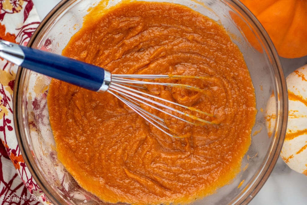 wet ingredients for pumpkin chocolate chip muffin recipe mixed together in a bowl