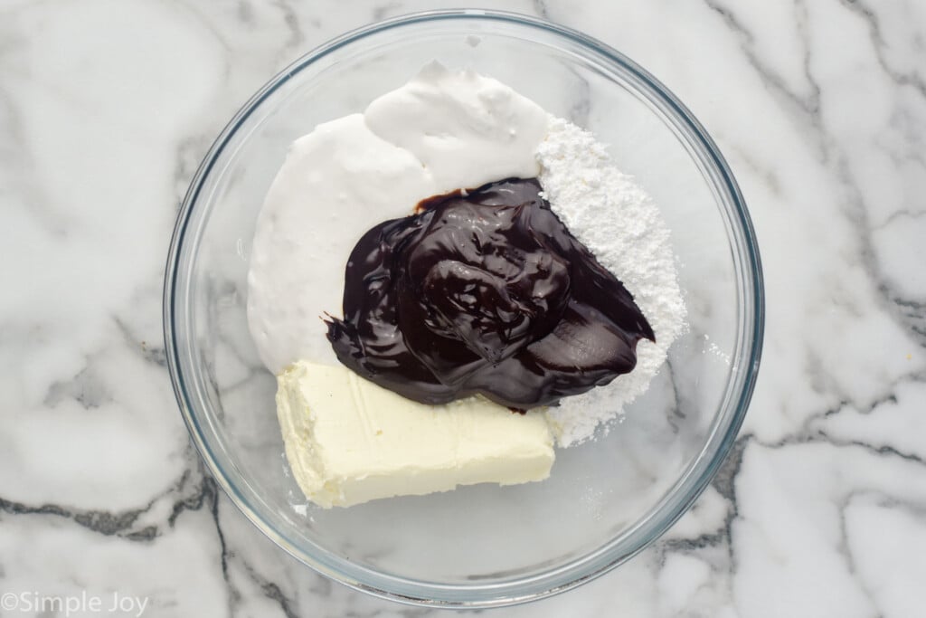 Overhead photo of a mixing bowl of ingredients for S'mores Dip