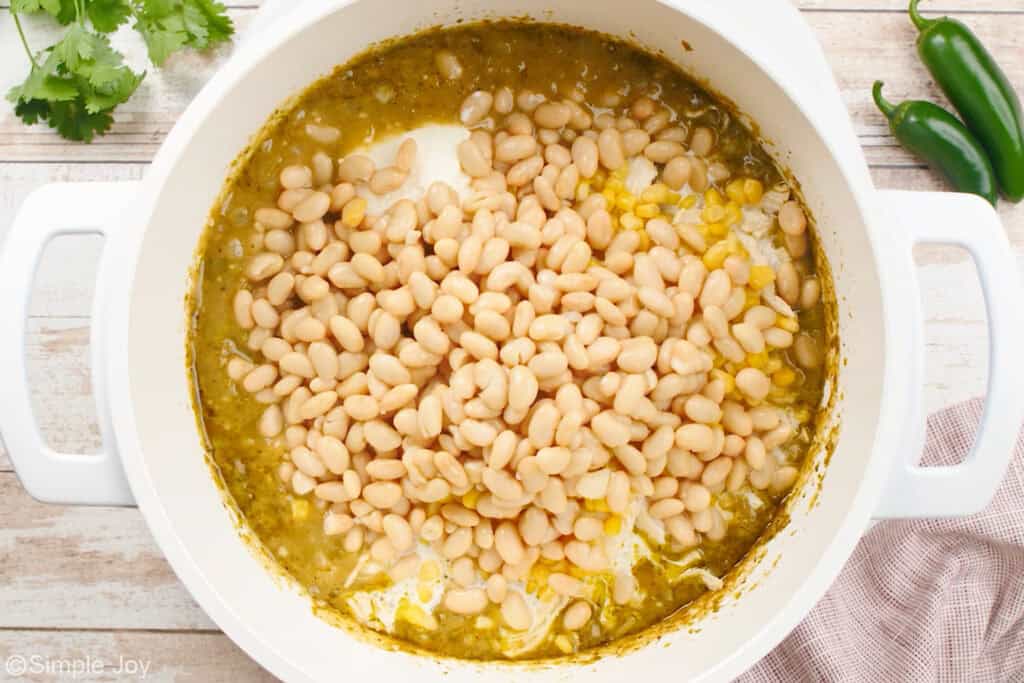 Overhead of large pot of white chicken chili ingredients