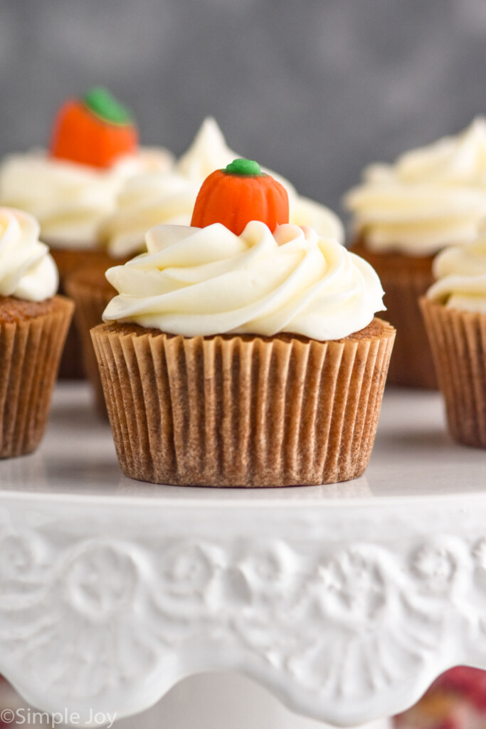 Close up photo of Pumpkin Cupcakes on a cake stand