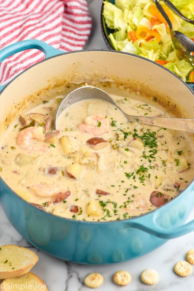 Photo of a pot of Seafood Chowder with a ladle for serving. Bread, crackers, and bowl of salad beside pot.