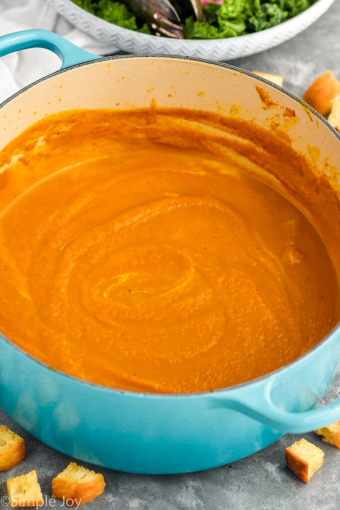 Photo of a pot of Pumpkin Soup with croutons on counter beside pot.