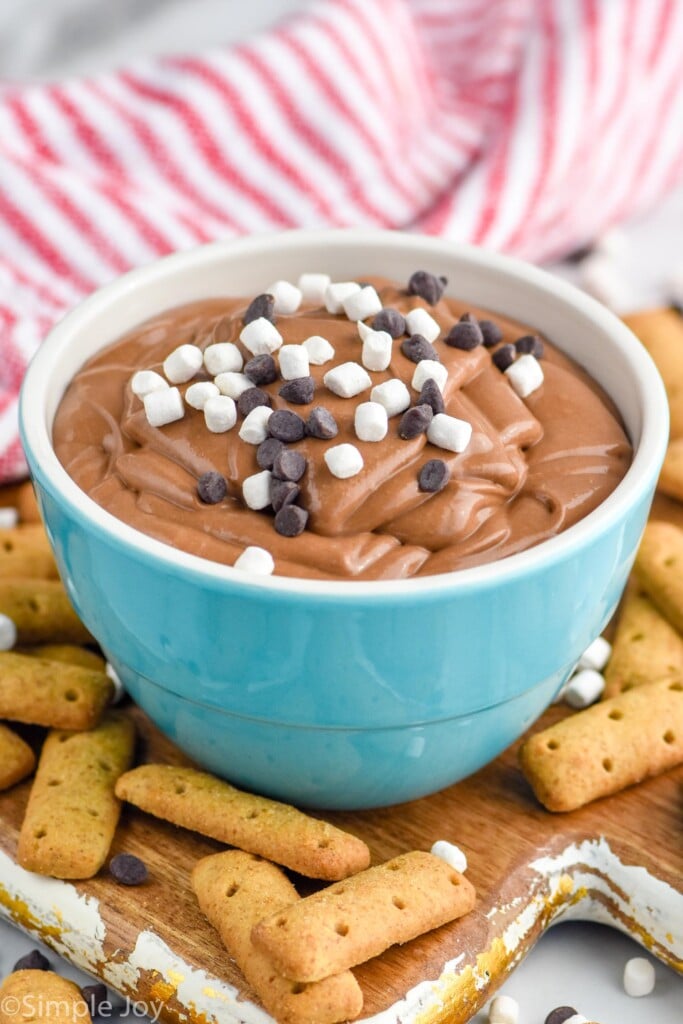 Photo of a bowl of S'mores Dip garnished with marshmallows and chocolate chips. Graham crackers beside bowl for dipping.