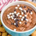 Photo of a bowl of S'mores Dip garnished with mini marshmallows and chocolate chips with graham crackers beside bowl for dipping. - 19