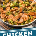 Pinterest graphic for Chicken and Broccoli recipe. Image shows a pan of Chicken and Broccoli. Text says, "Chicken and Broccoli stir fry simplejoy.com"