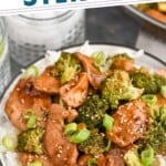 Pinterest graphic for Chicken and Broccoli recipe. Text says, "the best Chicken and Broccoli stir fry simplejoy.com." Image shows a plate of Chicken and Broccoli on rice