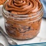Pinterest graphic of chocolate frosting. Image shows a jar of Chocolate Frosting. Text says "chocolate frosting simplejoy.com"