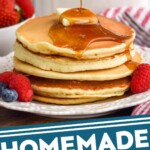 Pinterest graphic for pancake mix. Image shows Plate of pancakes with butter and maple syrup with fresh berries. Container of pancake mix sitting in background. Text says "homemade pancake mix simplejoy.com"