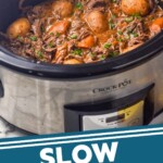 Pinterest graphic for Slow Cooker Pot Roast recipe. Image is photo of a crockpot of Slow Cooker Pot Roast recipe. Text says, "slow cooker pot roast simplejoy.com"