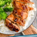 Pinterest graphic for Teriyaki Chicken recipe. Image shows a plate of Teriyaki Chicken, rice, and broccoli. Text says, "Teriyaki Chicken simplejoy.com"