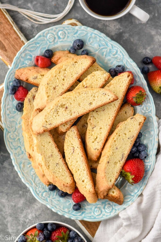 Overhead photo of a platter of Biscotti with fruit.