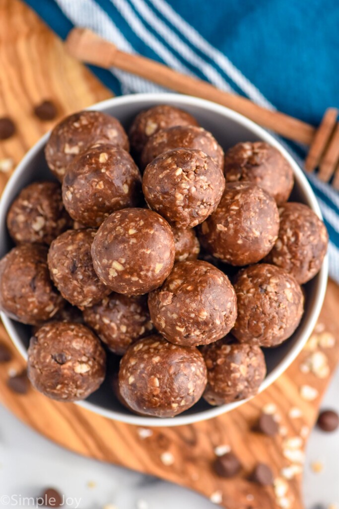 Overhead photo of a bowl of Chocolate No Bake Energy Bites