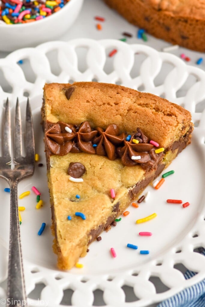 Slice of Cookie Cake on a cake with a fork