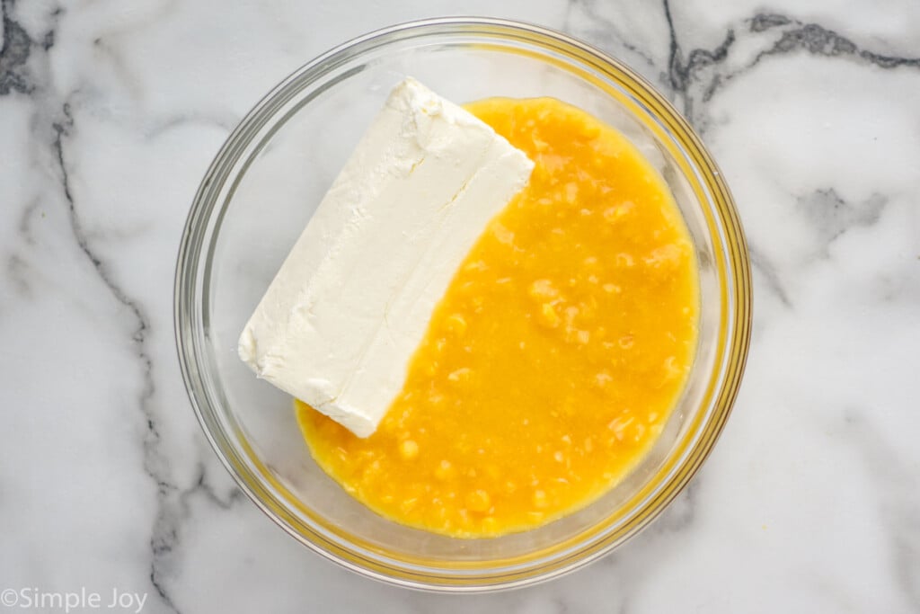 overhead view of bowl of corn dip ingredients