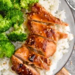 Overhead photo of a plate of Teriyaki Chicken, rice, and broccoli. - 9