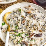 bowl of chicken and wild rice soup garnished with fresh parsley - 19