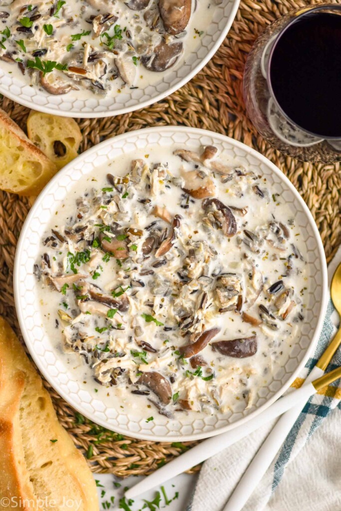 overhead of a bowl of chicken and wild rice soup recipe