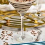 Pinterest graphic for Chocolate Martini recipe. Image shows Chocolate Martinis. Text says, "Chocolate Martini simplejoy.com"
