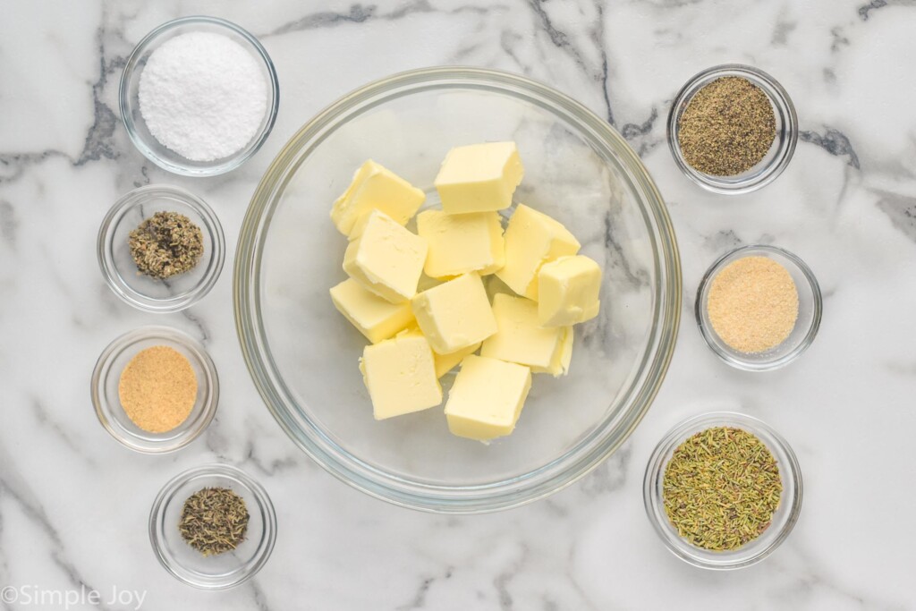 Overhead photo of diced butter and seasonings for Spatchcock Turkey recipe
