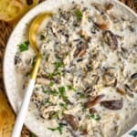overhead of a bowl of chicken wild rice soup