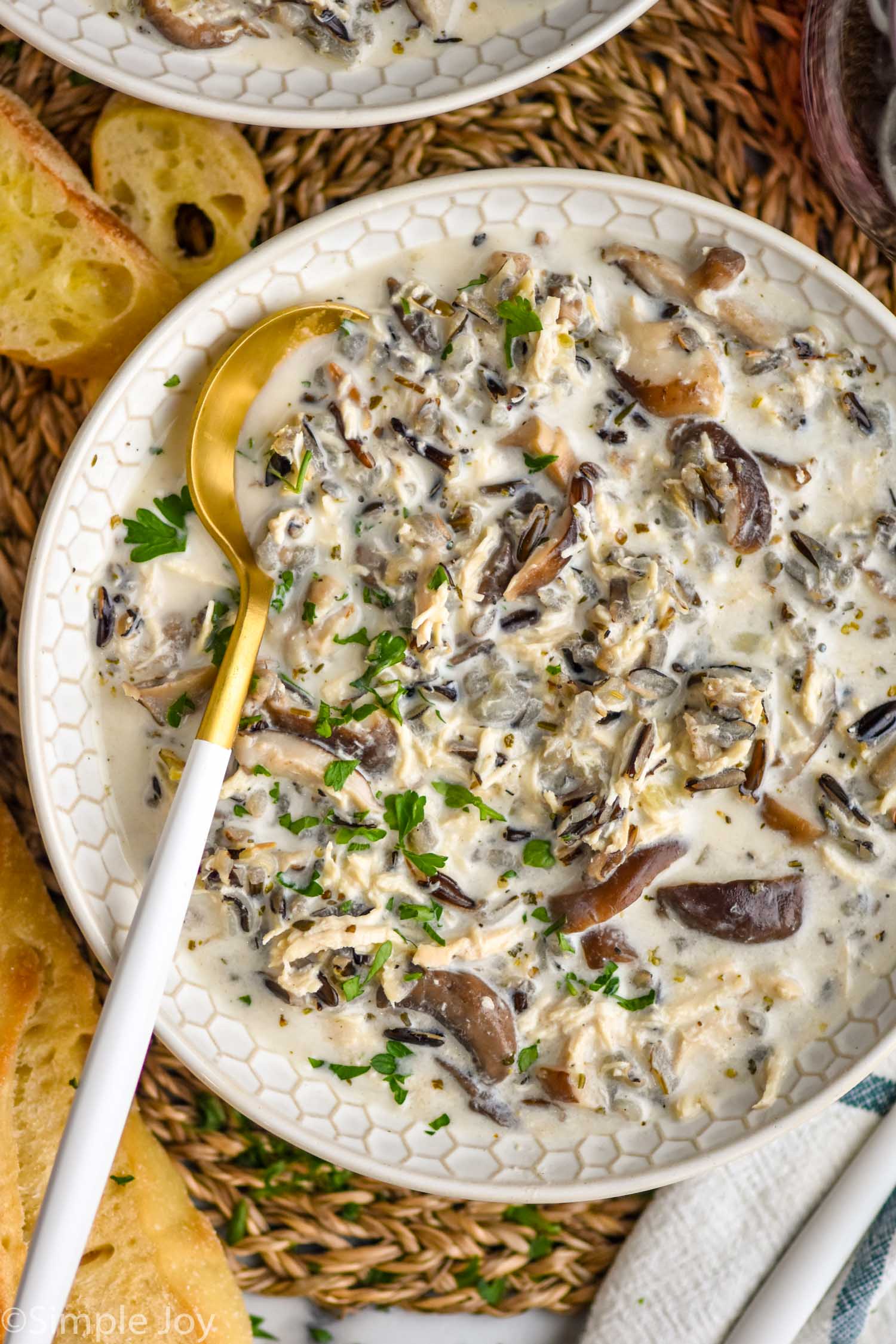 overhead of a bowl of chicken wild rice soup