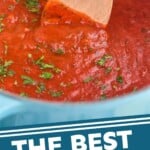 Pinterest graphic for Marinara Sauce recipe. Image is close up photo of Marinara Sauce with a wooden spoon. Text says, "the best Marinara Sauce simplejoy.com"