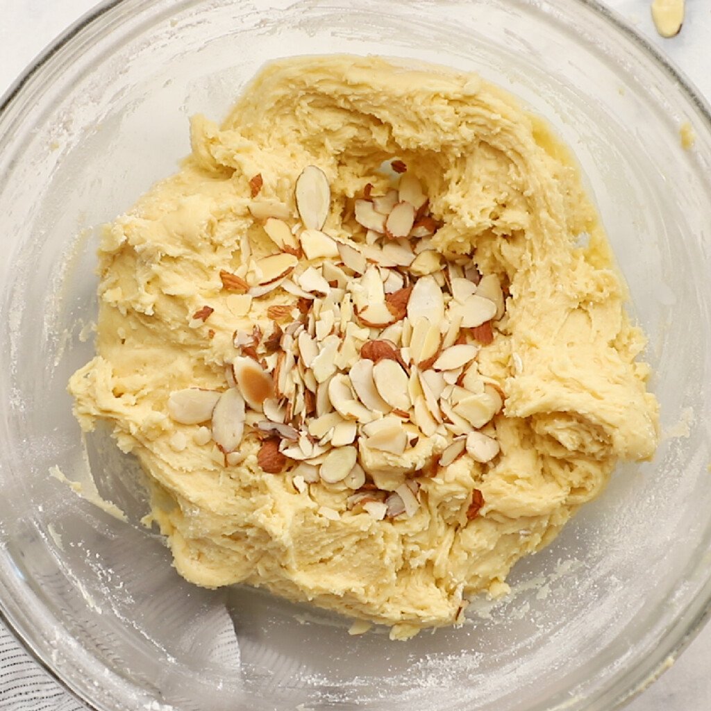 folding sliced almonds into biscotti batter