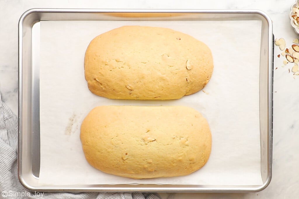 two baked biscotti on a sheet pan