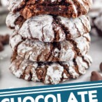 Pinterest graphic for Chocolate Crinkle Cookies recipe. Image shows a stack of four Chocolate Crinkle Cookies with a bite taken out of the top cookie. Text says, "Chocolate Crinkle Cookies simplejoy.com"