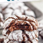 Pinterest graphic for Chocolate Crinkle Cookies recipe. Text says, "the best Chocolate Crinkle Cookies simplejoy.com." Image shows side view of a stack of Chocolate Crinkle Cookies with a bite taken out of the top cookie.