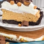 Pinterest graphic for Peanut Butter Pie recipe. Image is side view of a slice of Peanut Butter Pie on a plate with the pie behind. Text says, "Peanut Butter Pie simplejoy.com"