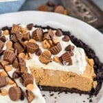Pinterest graphic for Peanut Butter Pie recipe. Text says, "the best Peanut Butter Pie simplejoy.com." Image shows Peanut Butter Pie with one piece missing.
