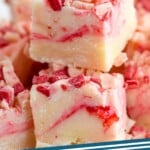 Pinterest graphic for peppermint fudge. Image shows pieces of peppermint fudge. Text says "candy cane fudge simplejoy.com"