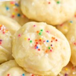 Pinterest graphic for ricotta cookies. Image shows close up of ricotta cookies. Text says "the best ricotta cookies simplejoys.com"