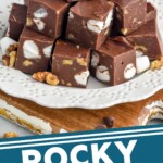 Pinterest graphic for Rocky Road Fudge recipe. Image shows a plate of Rocky Road Fudge. Text says, "Rocky Road Fudge simplejoy.com"