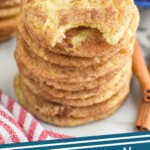 Pinterest graphic for Snickerdoodles recipe. Image shows a stack of Snickerdoodles with a bite taken out of the top cookie. Text says, "Snickerdoodle Cookies simplejoy.com."