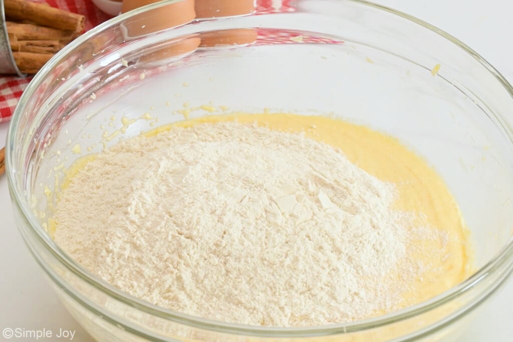 dry ingredients added to wet ingredients to make coffee cake muffins